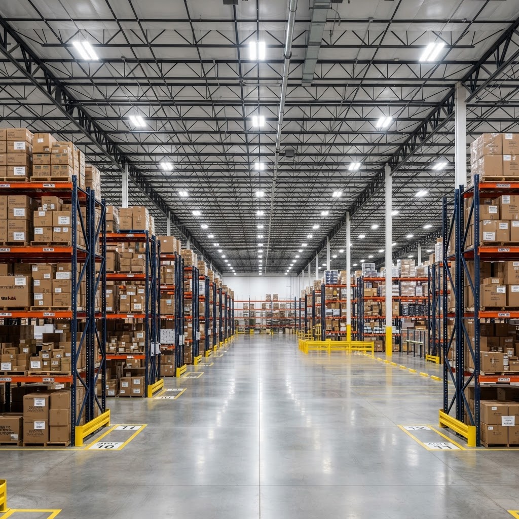 Brightly lit modern warehouse with high-bay racking