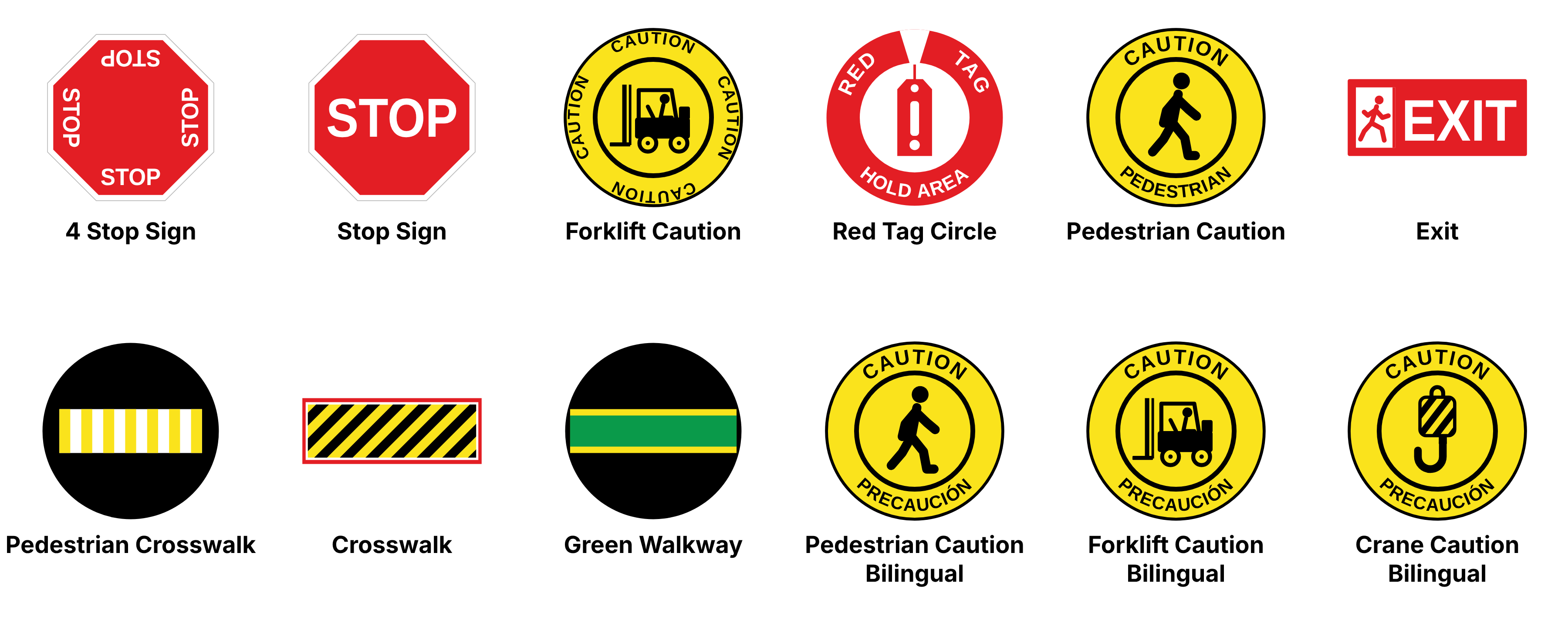 Twelve projected safety signs in two rows of six, each with a label. Top row: 4 Stop Sign, Stop Sign, Forklift Caution, Red Tag Circle, Pedestrian Caution, Exit. Bottom row: Pedestrian Crosswalk, Crosswalk, Green Walkway, Pedestrian Caution Bilingual, Forklift Caution Bilingual, Crane Caution Bilingual.