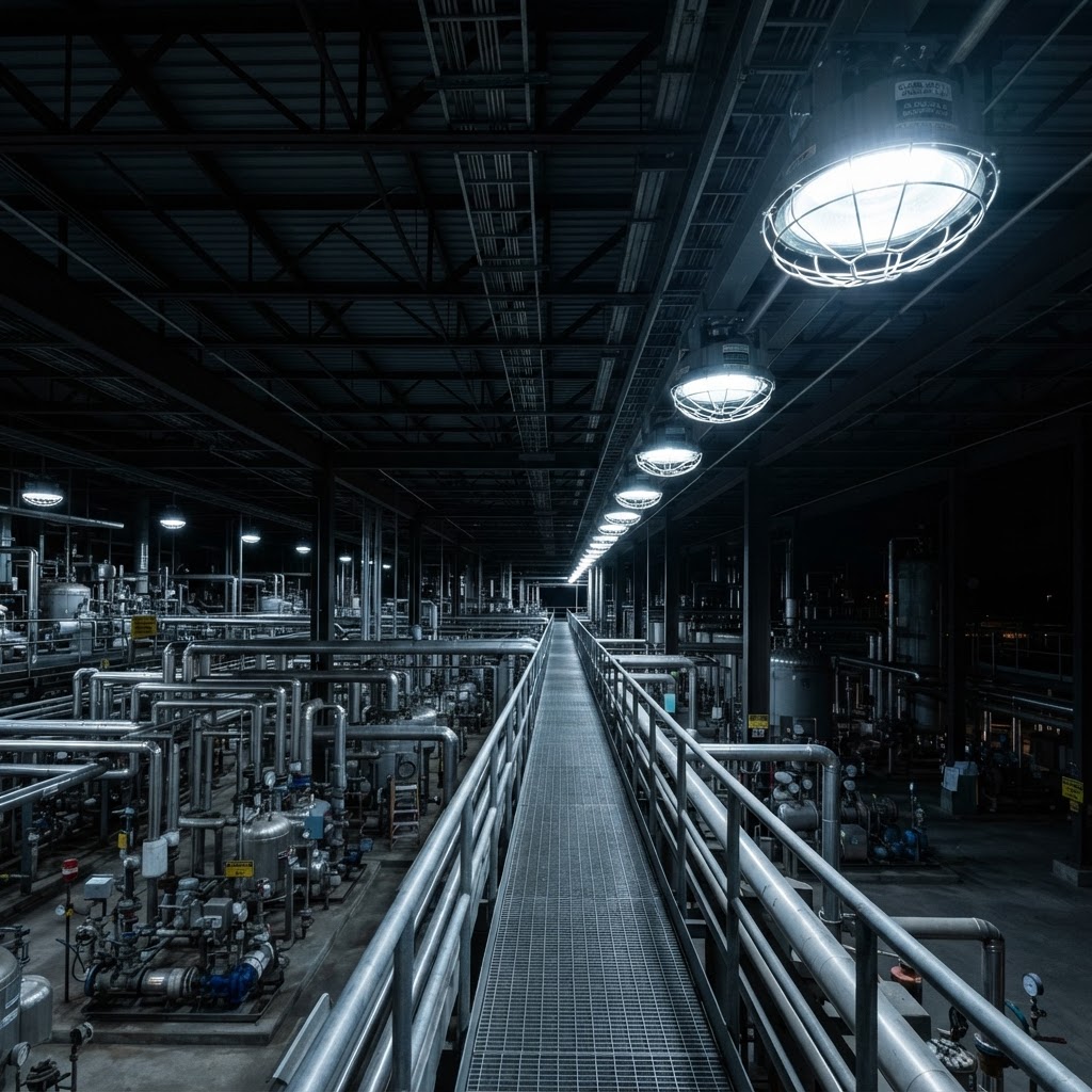 Close-up of a certified hazardous-location LED high-bay fixture