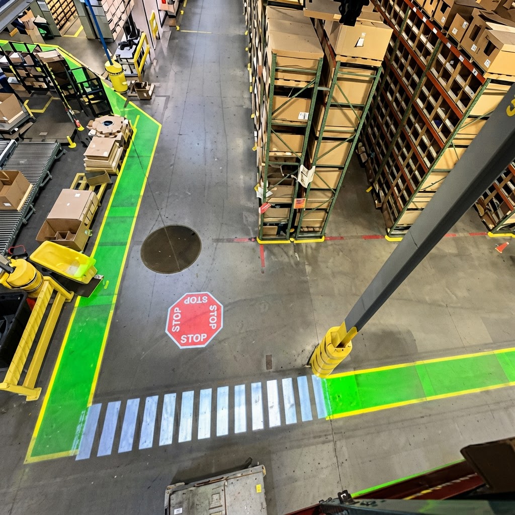 Projected green walkway lines, blue crosswalk and projected stop sign on a warehouse floor