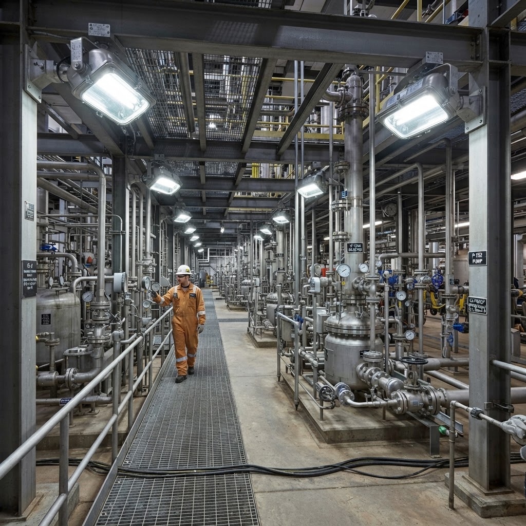 Industrial hazardous-location facility with explosion-proof LED fixtures