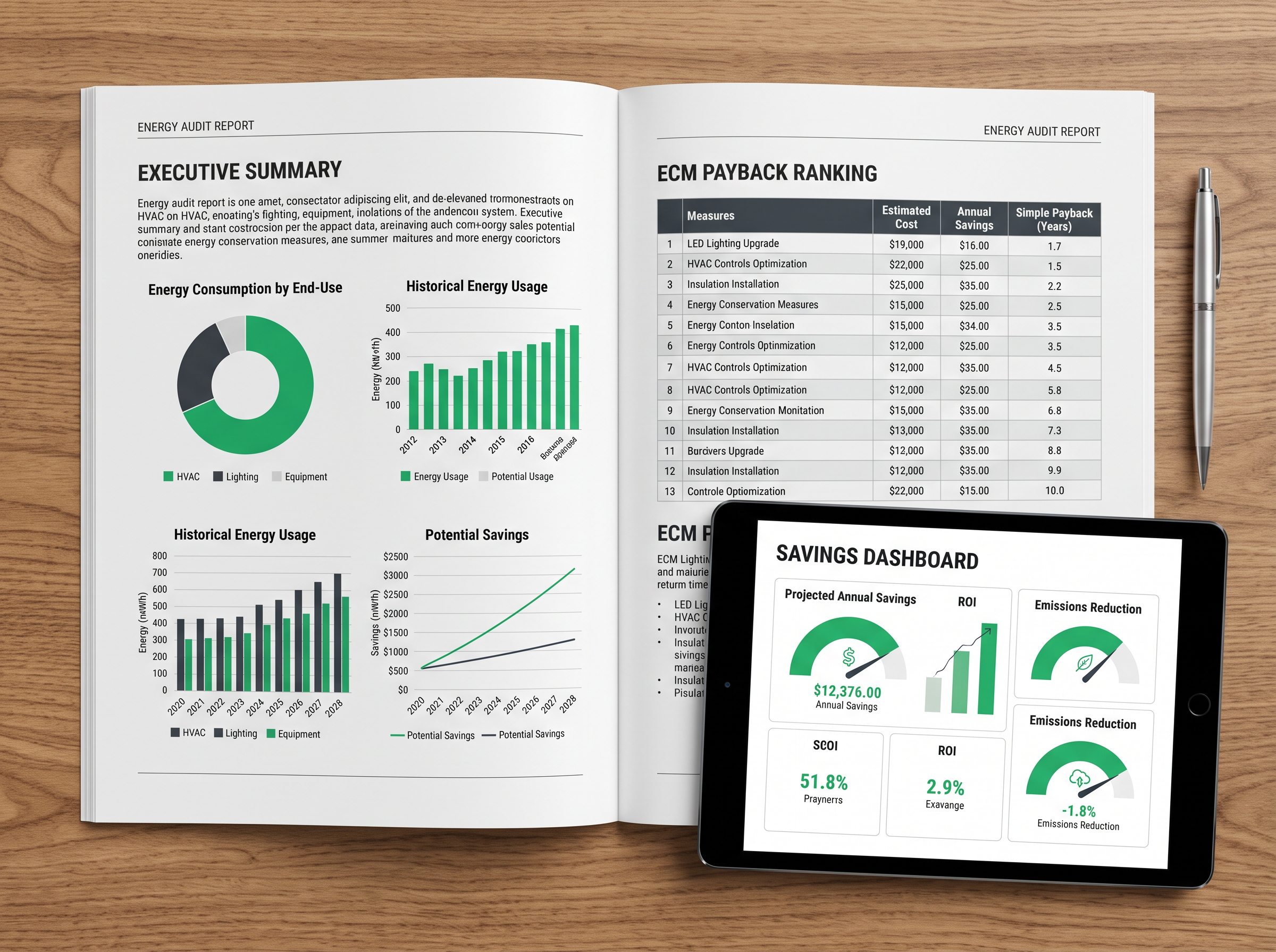 Open energy audit report with consumption charts, ECM payback ranking table, and a savings dashboard tablet