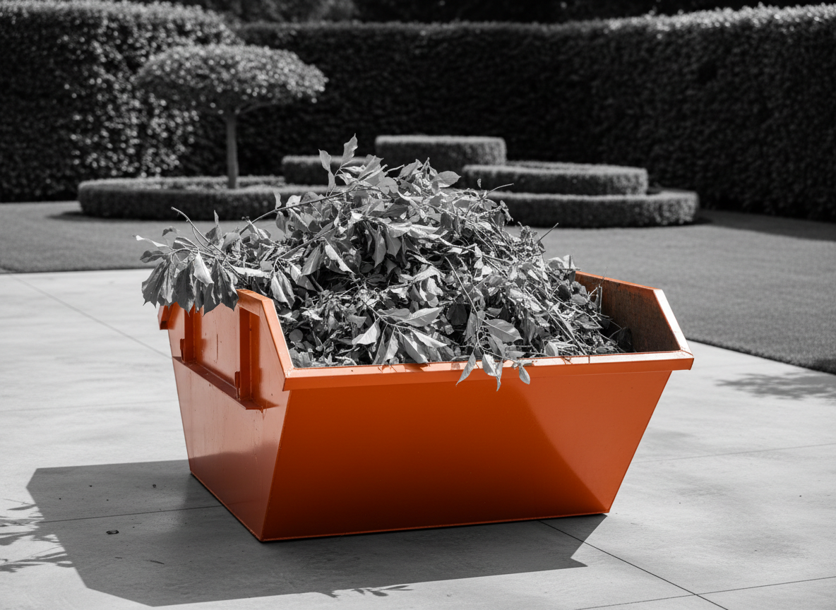Garden Waste in a Fiat Orange skip