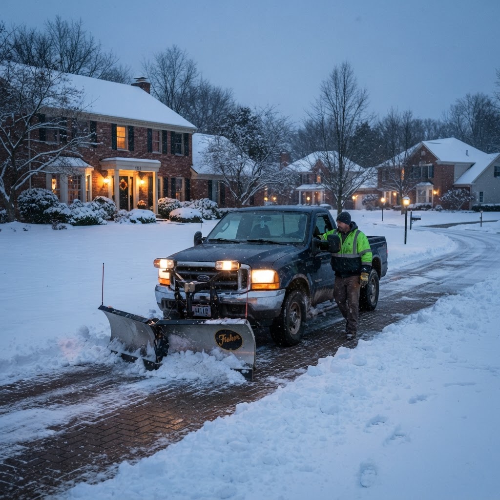 Mowing and Plowing truck clearing a driveway in Greater Cleveland