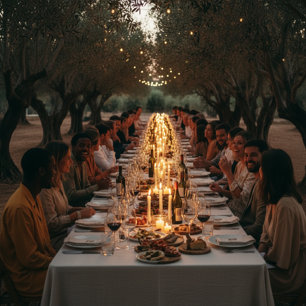 Candlelit communal dinner beneath olive trees