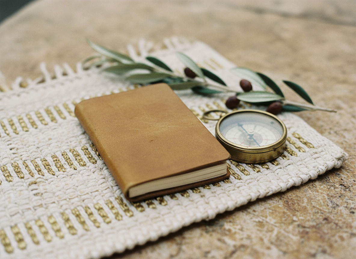 Leather notebook, brass compass, textile and olive branch travel details