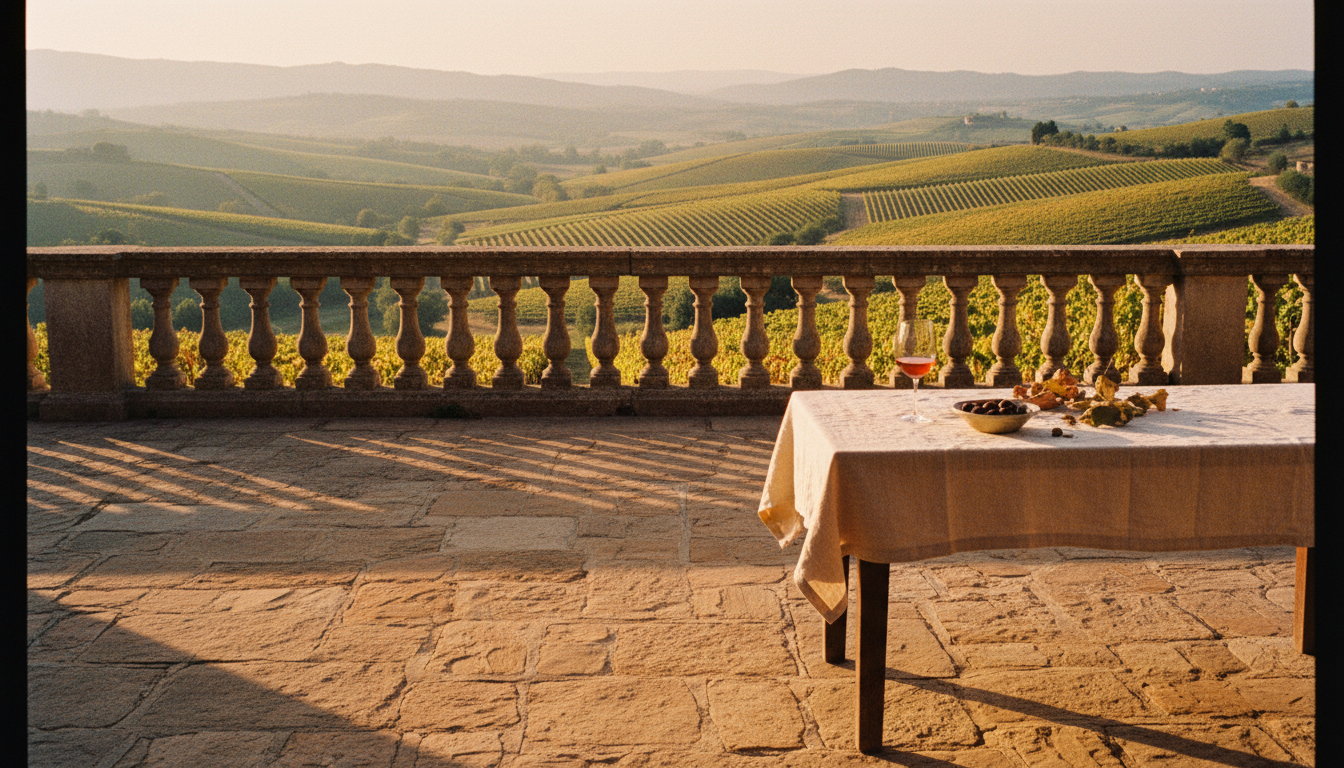Sunlit stone terrace overlooking vineyard hills at golden hour