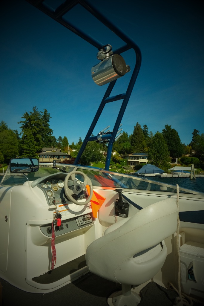 Captain's helm and wakeboard tower