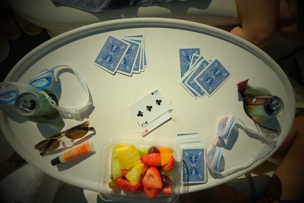 Cards and snacks on the boat table