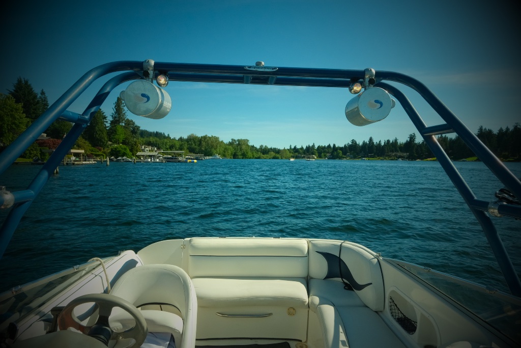 Blue wakeboard tower framing the lake