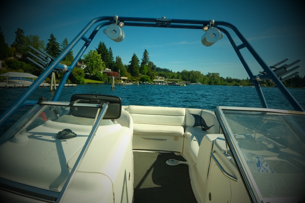 Full boat interior with blue wakeboard tower