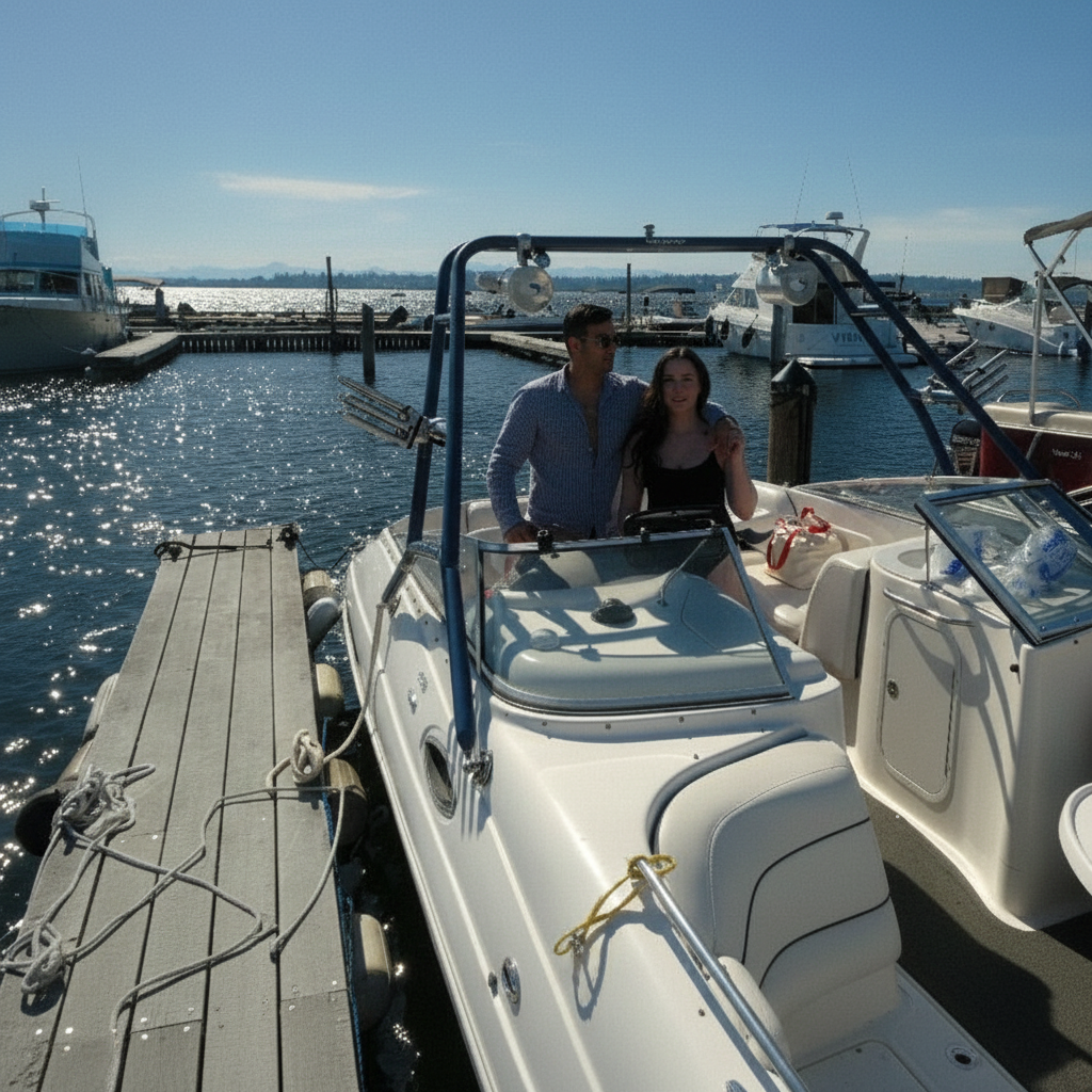 Couple at the helm docked at Kirkland marina