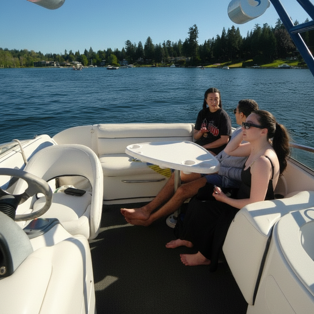 Friends relaxing on the boat on Lake Washington
