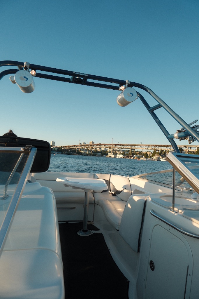 Wakeboard tower and seating with bridge view