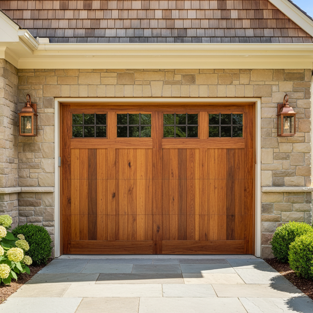 Woodgrain carriage-house garage door with windows