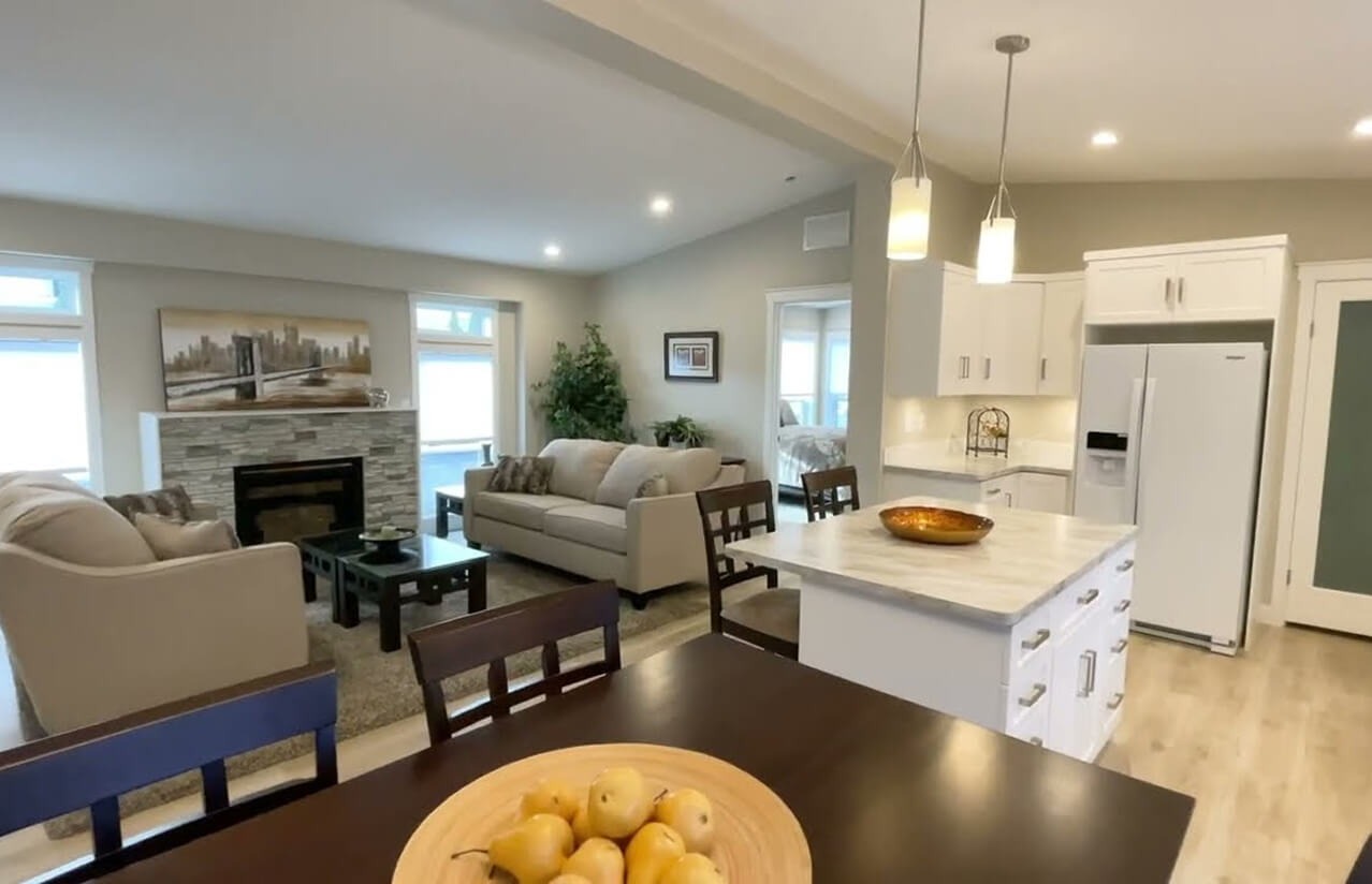 Bright modular home kitchen, dining area and living space