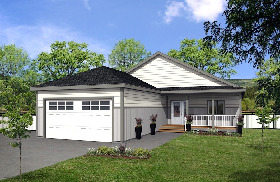 Home exterior design with an attached garage and covered entrance