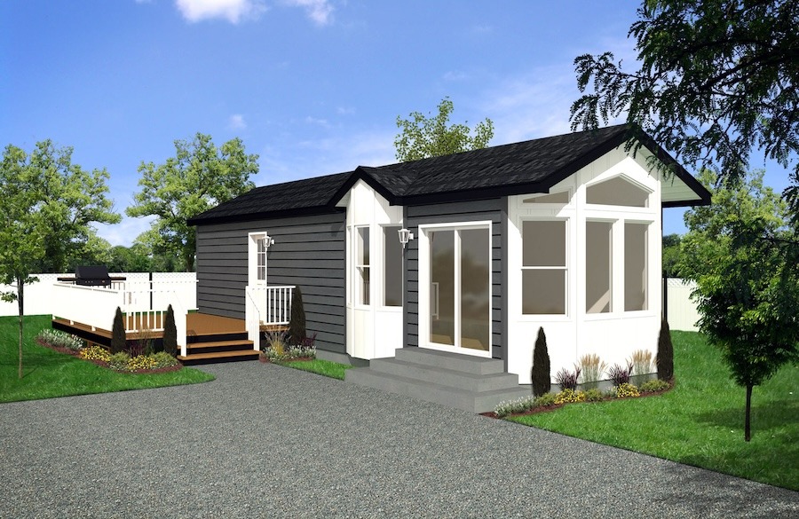 Compact home exterior design with large front windows