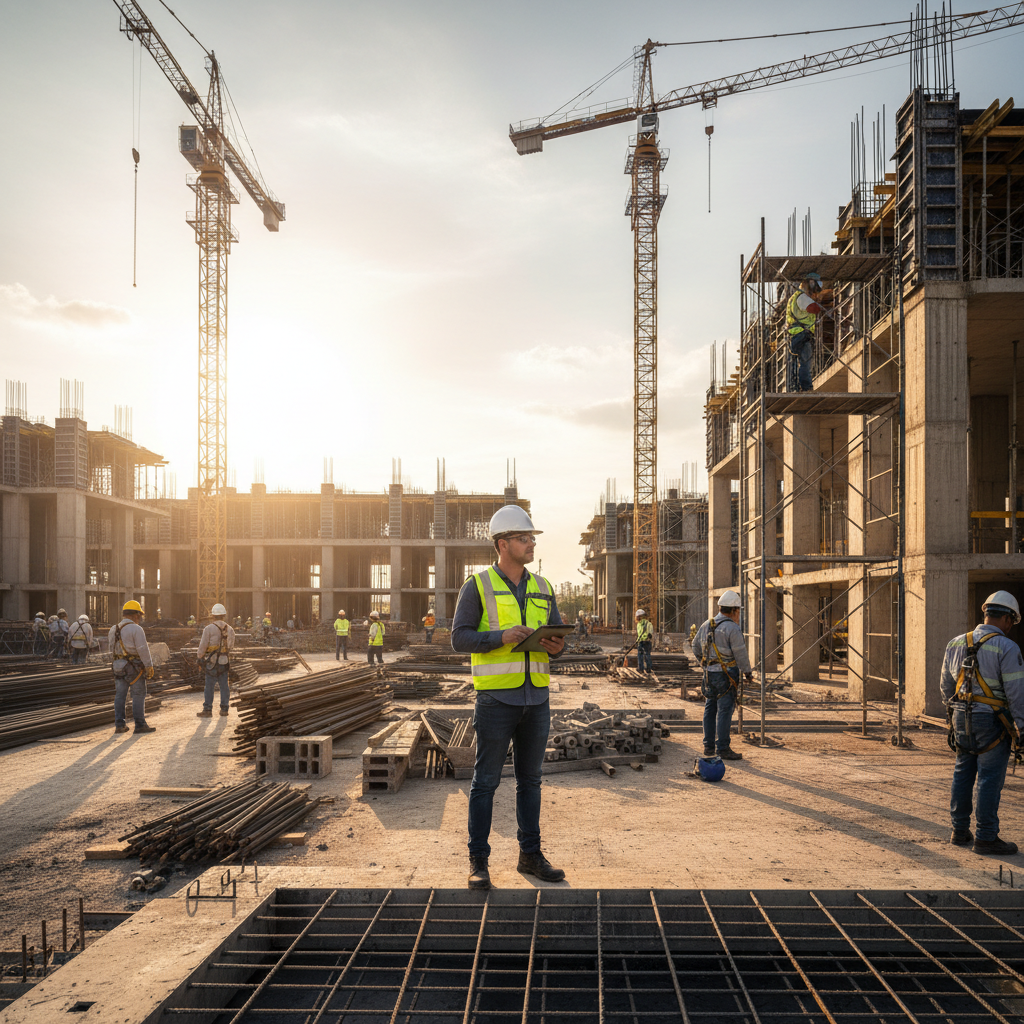 Técnico de segurança em canteiro de obras com trabalhadores utilizando EPI