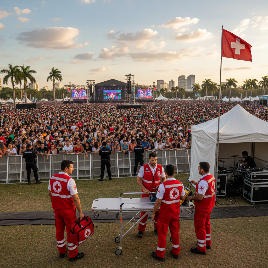 Equipe médica e paramédica em cobertura de evento de grande porte