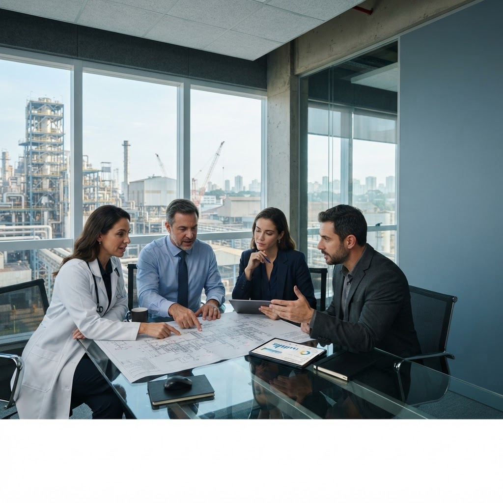 Sala moderna de planejamento operacional da Provital com equipe multidisciplinar analisando planta industrial