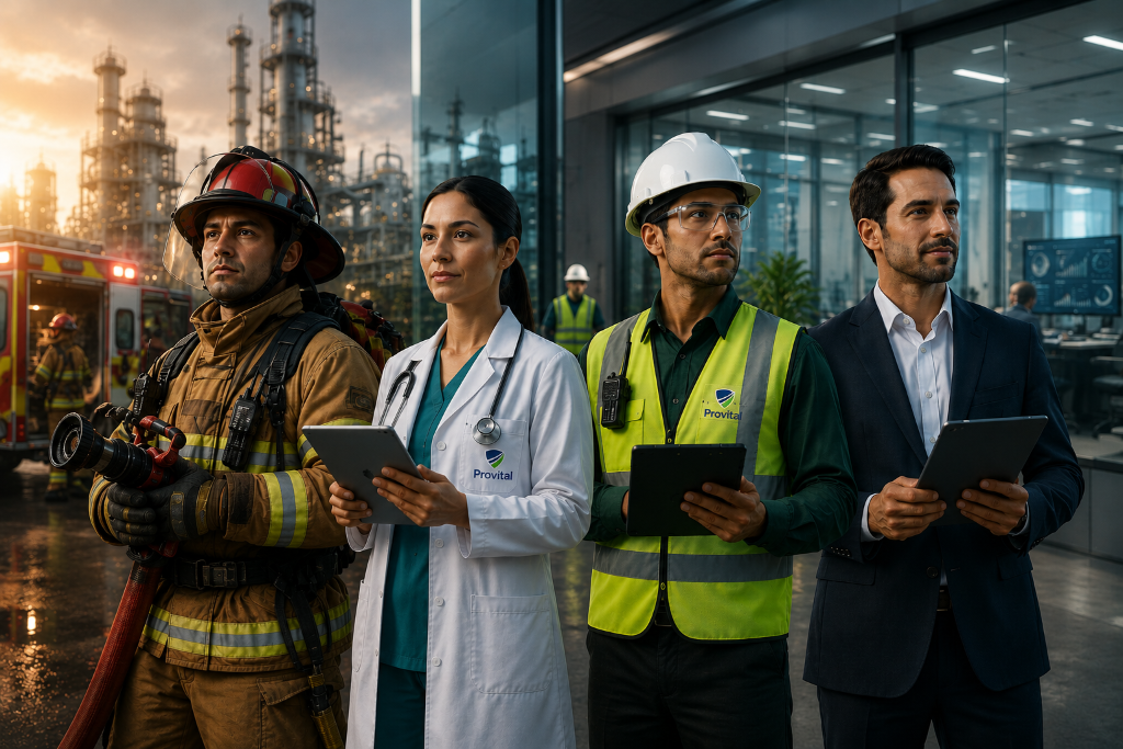 Equipe Provital: bombeiro civil, médica, inspetor de segurança e gestor em ambiente operacional integrado