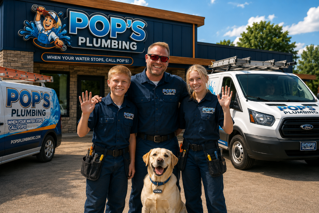 POP'S Plumbing family and team in front of the company storefront with service vans