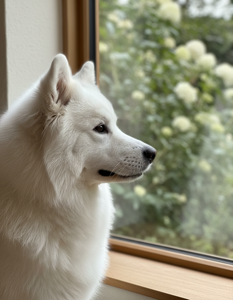 Calm dog resting near a window