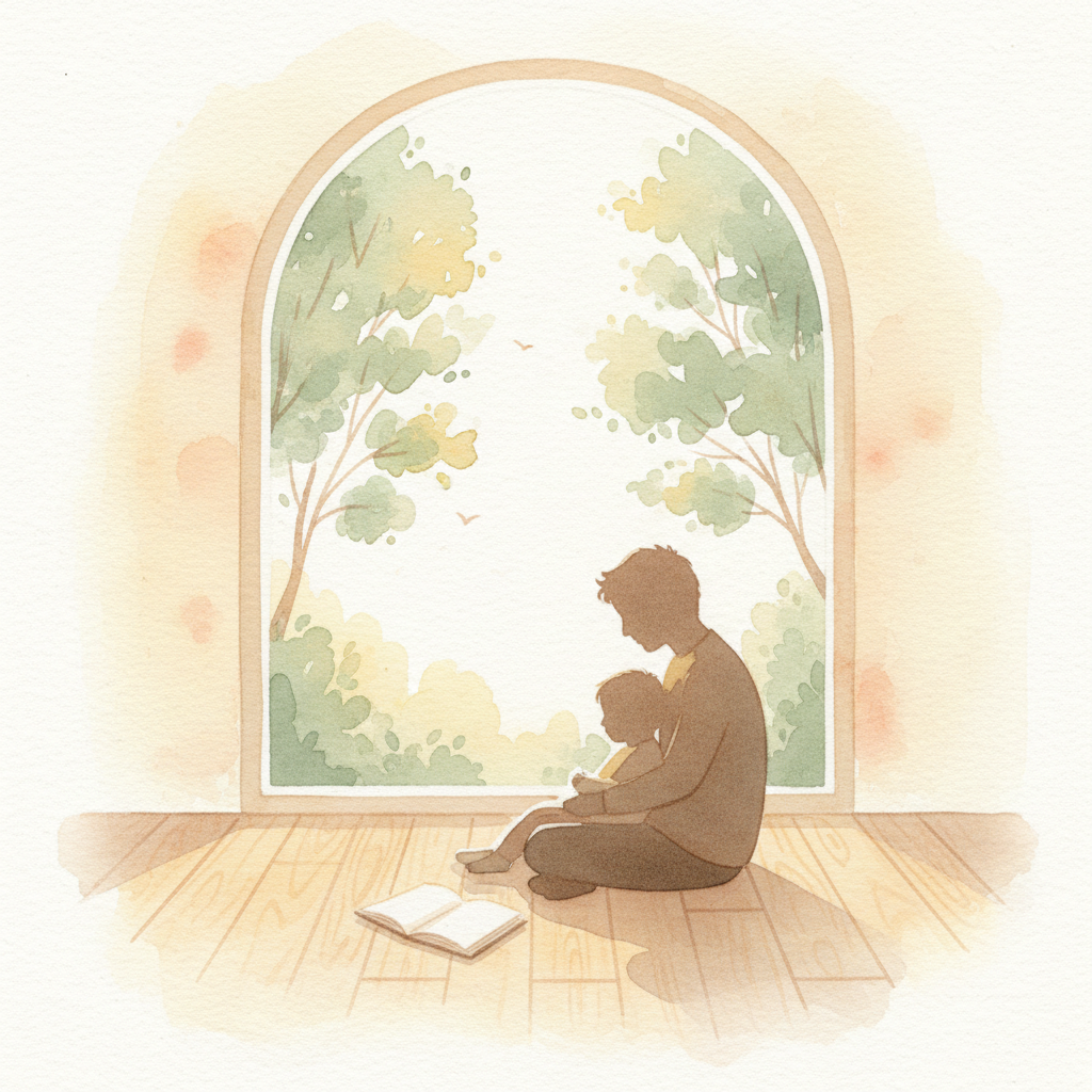parent and child sitting together by the window with an open book
