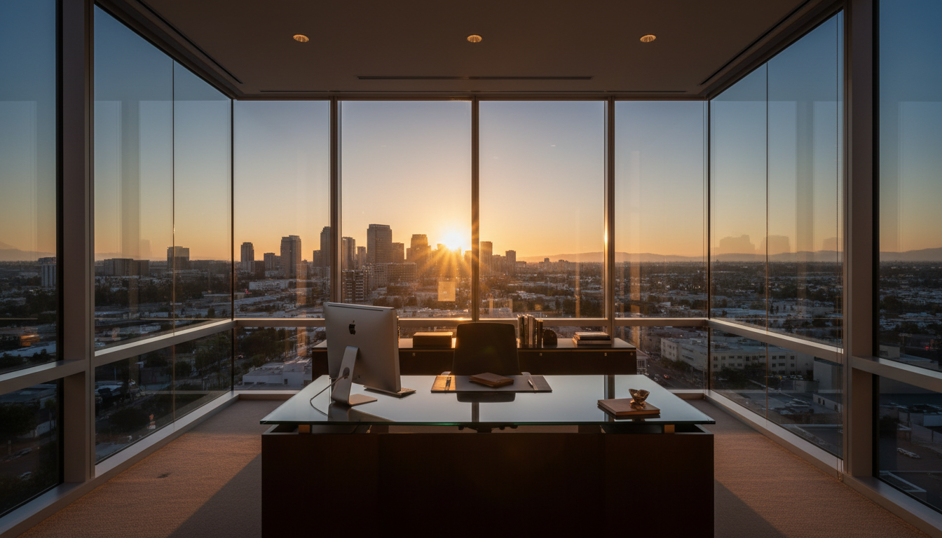 Modern Irvine office at golden hour