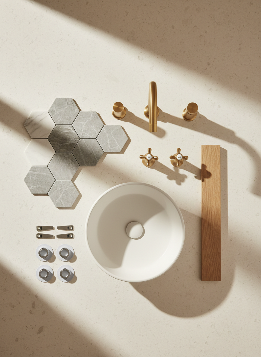 Curated renovation bundle kit with tiles, brass fixtures, and oak trim