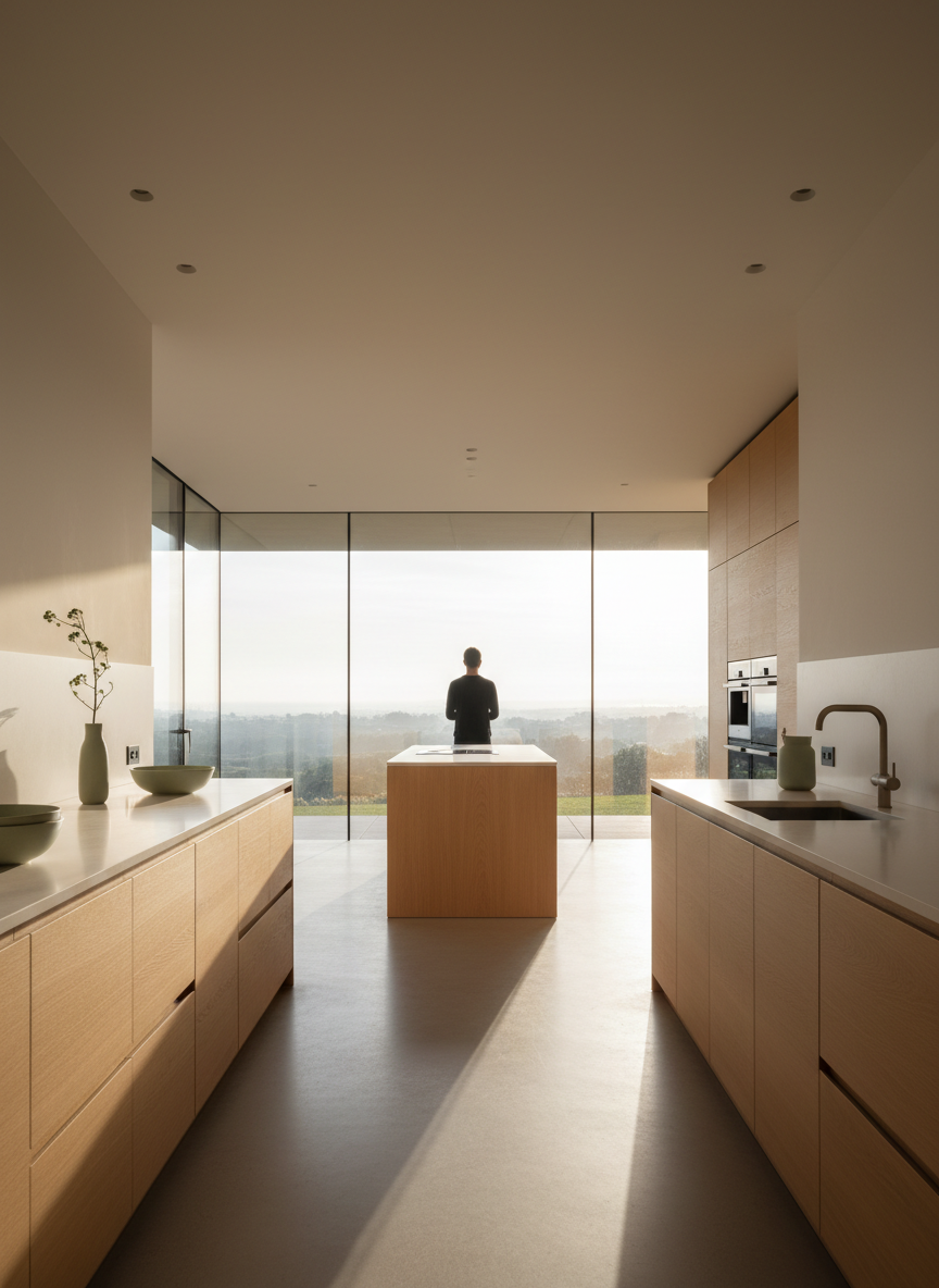 Sun-drenched minimalist kitchen with person looking out window