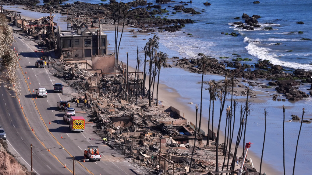 Aerial view of Palisades fire damage along Pacific Coast Highway Malibu