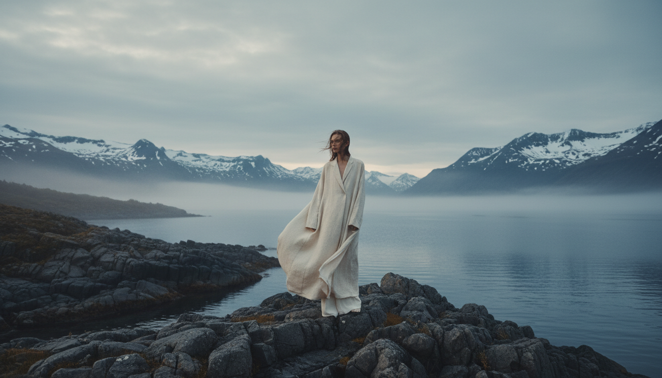 Model wearing Atemlos clothing on Scandinavian coastline