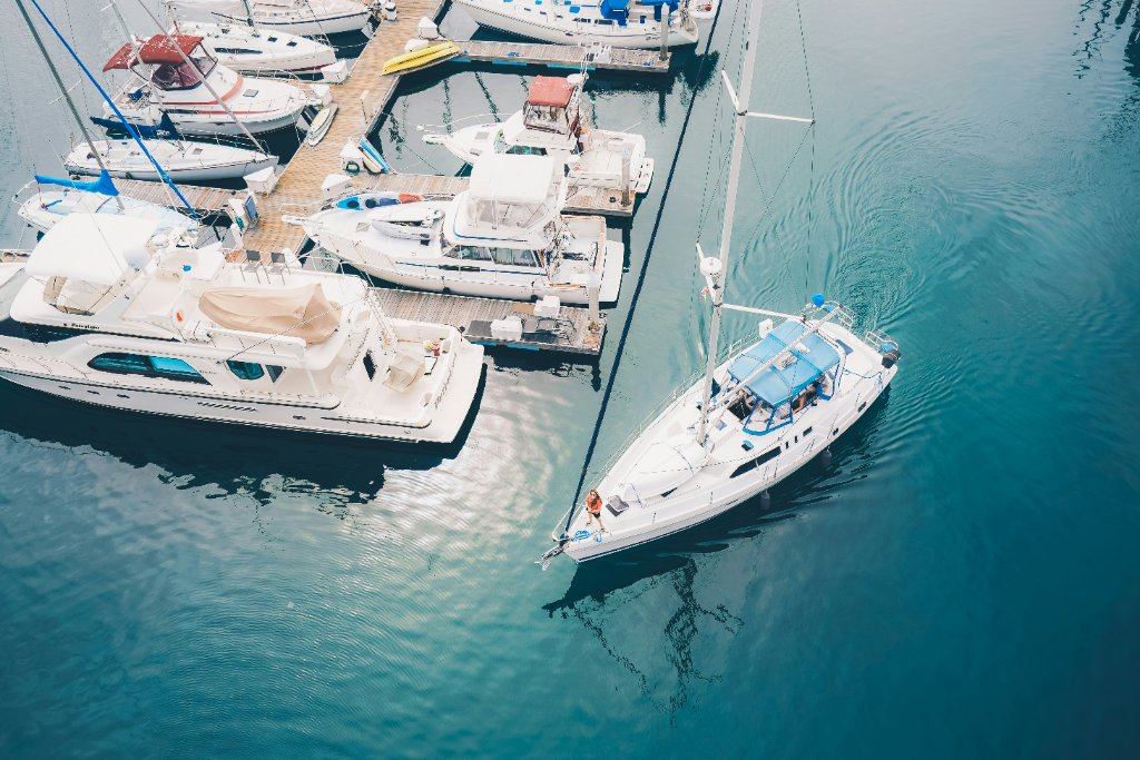 Aerial view of marina with boats