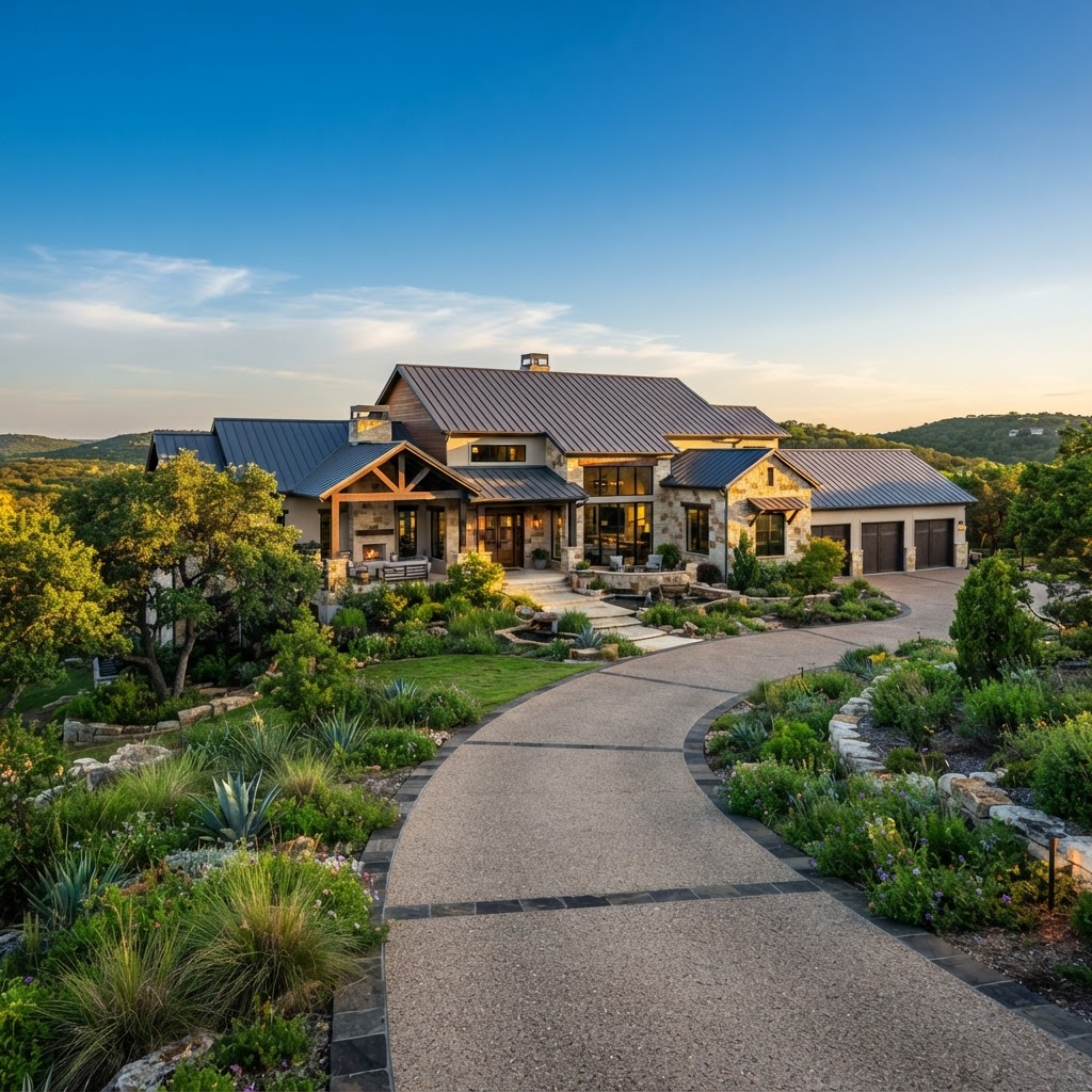 Standing seam metal roof on a Central Texas home at golden hour