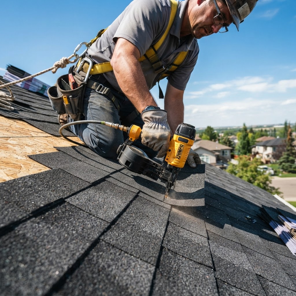 Roofer installing architectural shingles