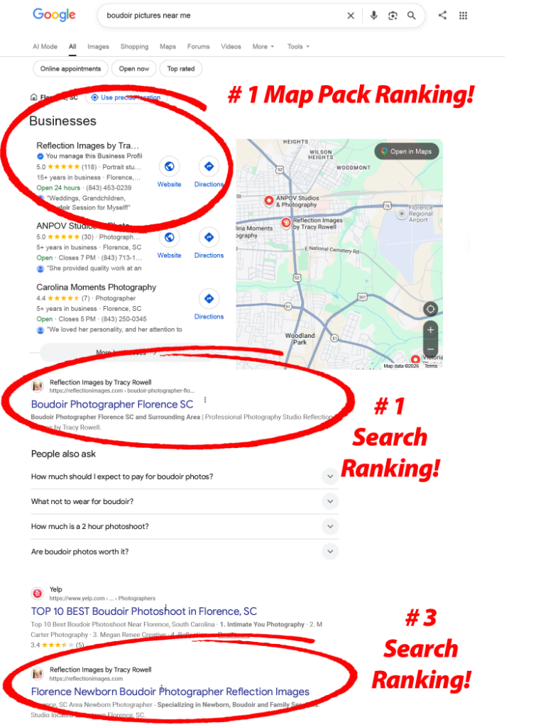 Google search results showing Page One photographer ranking #1 in map pack and #1 and #3 organic for boudoir pictures near me