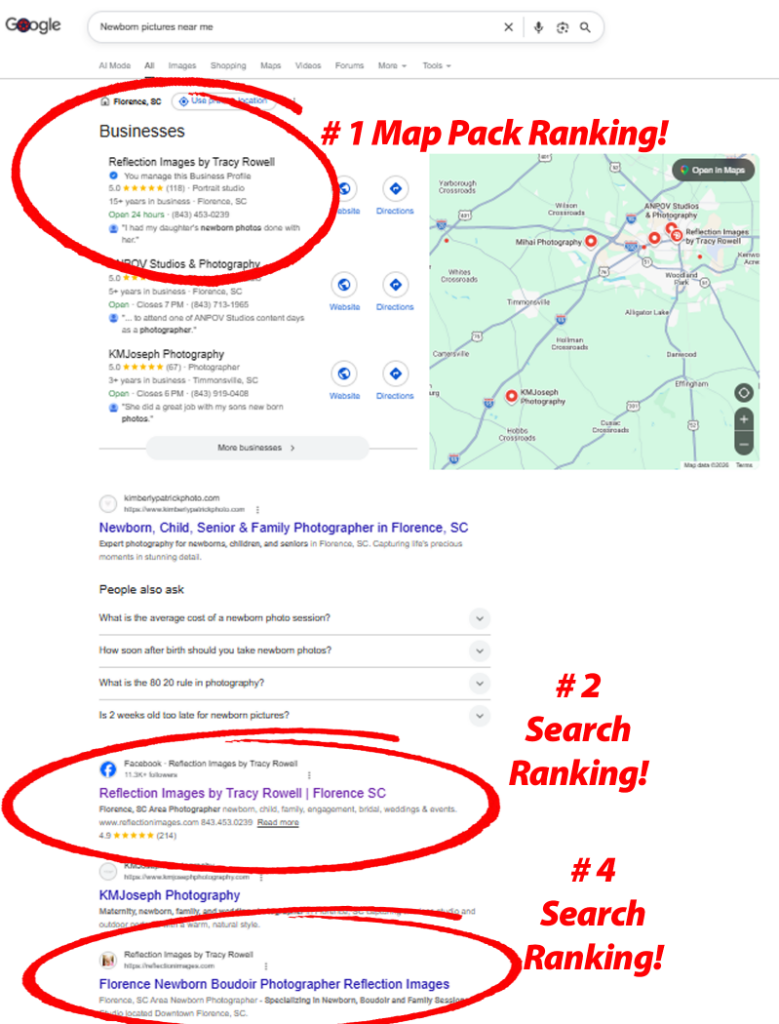 Google search results showing Page One photographer ranking #1 in map pack and #2 and #4 organic for newborn pictures near me