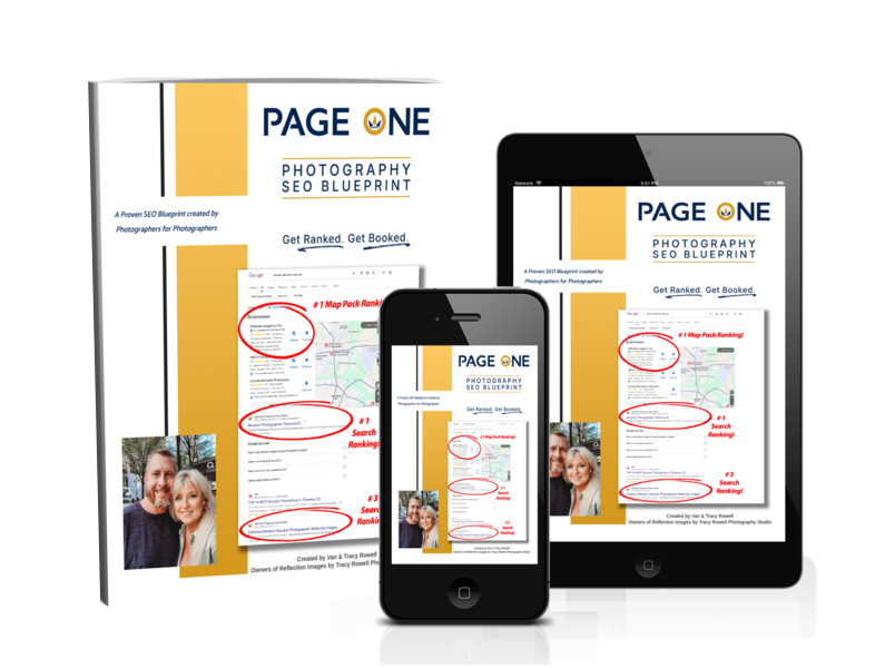 Page One Photography SEO Blueprint - Book, phone, and tablet mockup