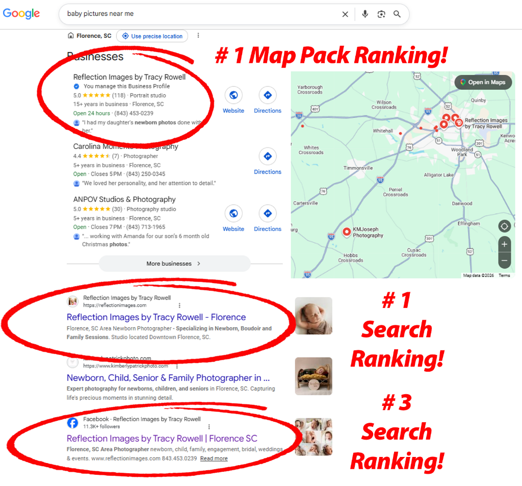 Google search results showing Page One photographer ranking #1 in map pack and #1 and #3 organic for baby pictures near me