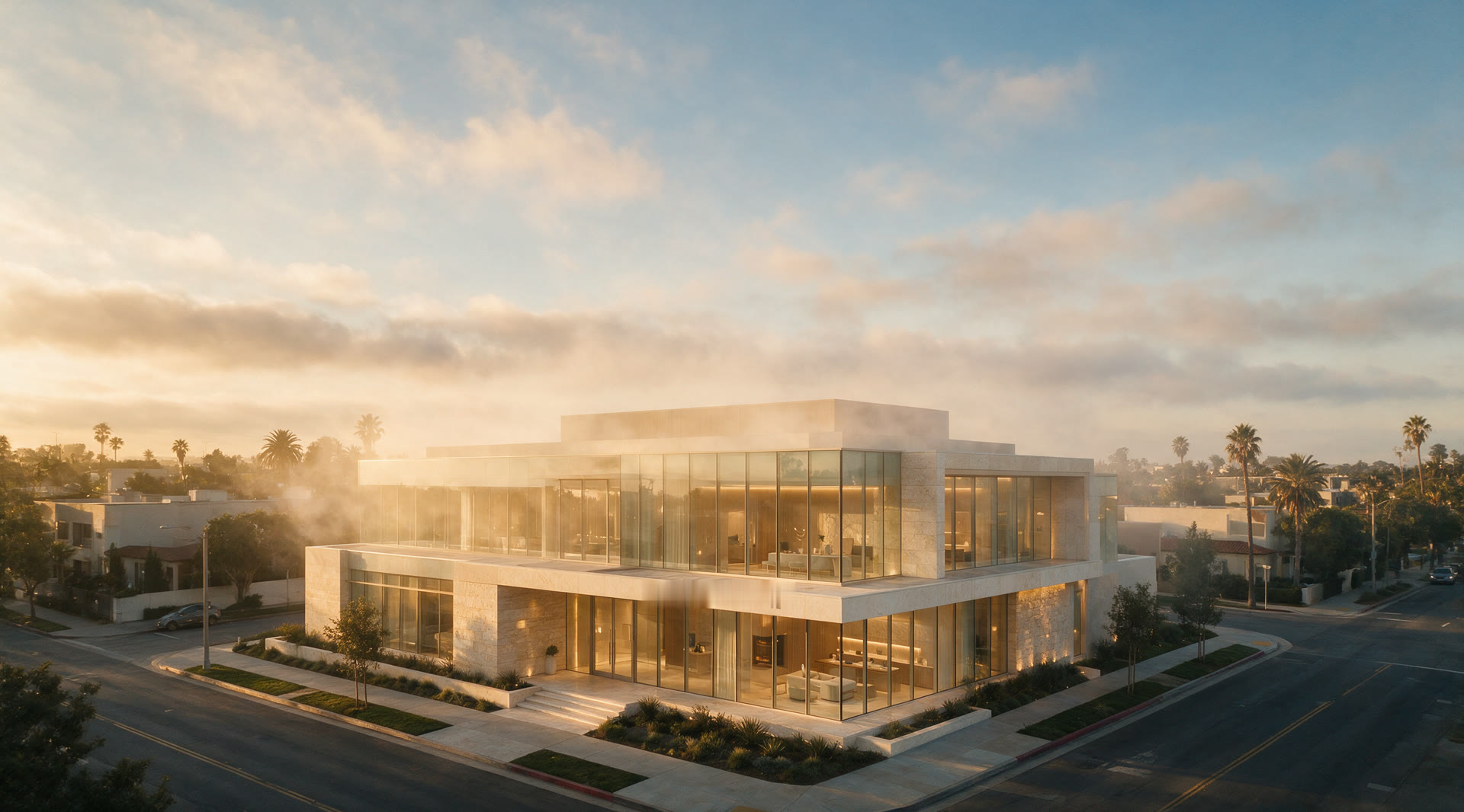 An upscale modern glass clinic on a calm street at golden hour, seen from above.