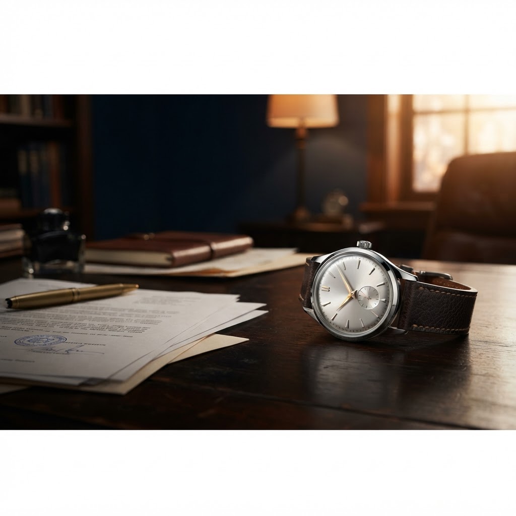 Horloge naast juridische documenten