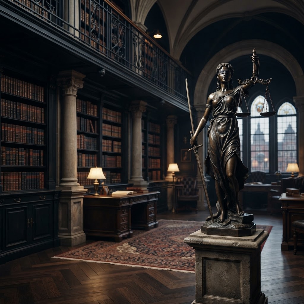 Bronzen beeld van Vrouwe Justitia met weegschaal