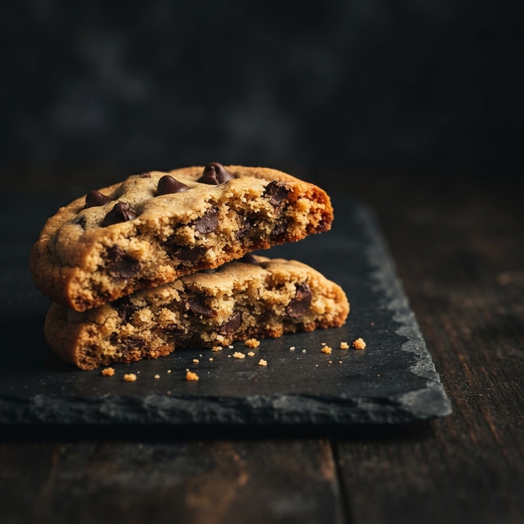 Artisanal chocolate chip cookie with chocolate chips, no molten center