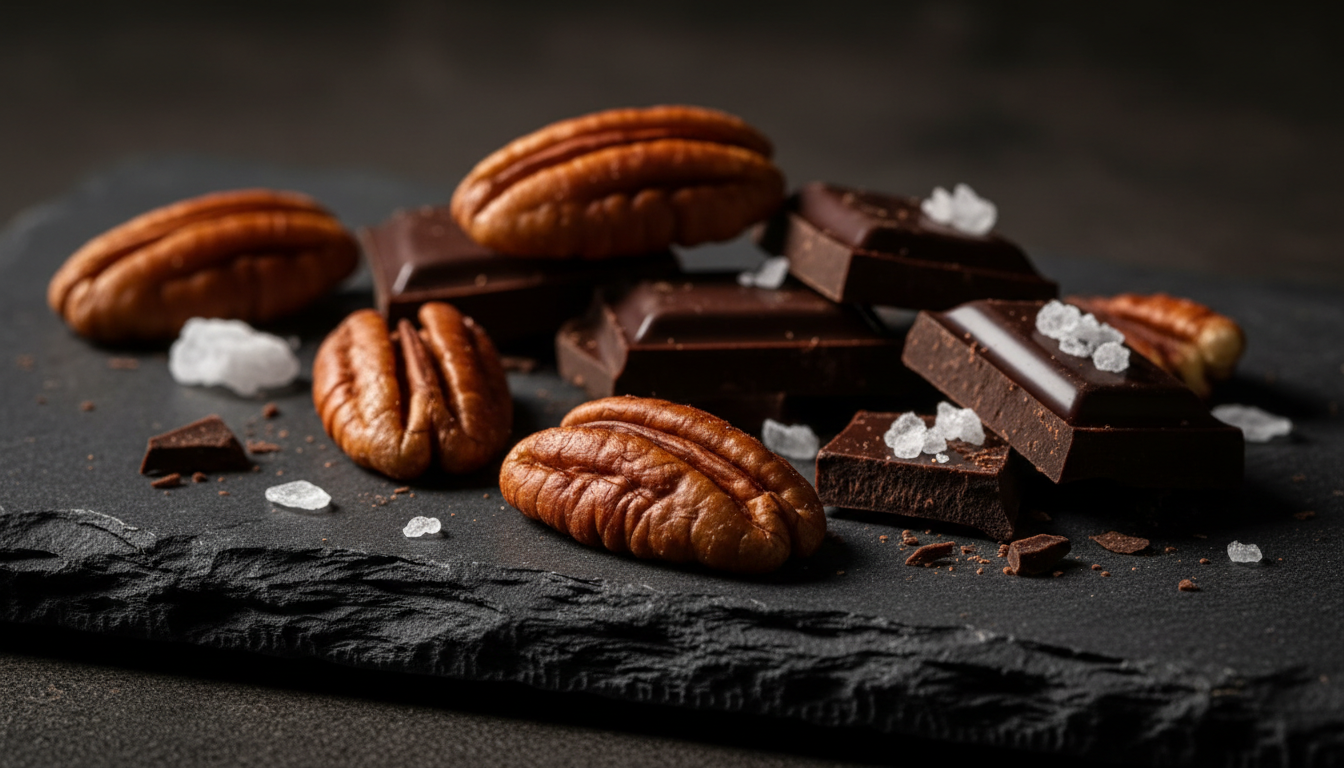 Roasted pecans, dark chocolate shards, and sea salt crystals artfully arranged