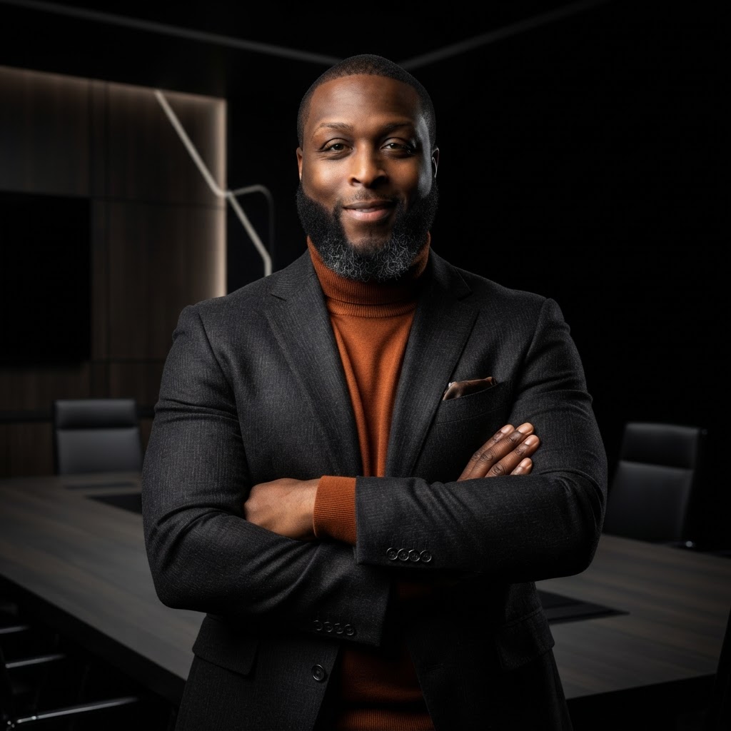 Dr. Bennie Duncan in an orange turtleneck, corporate consulting pose