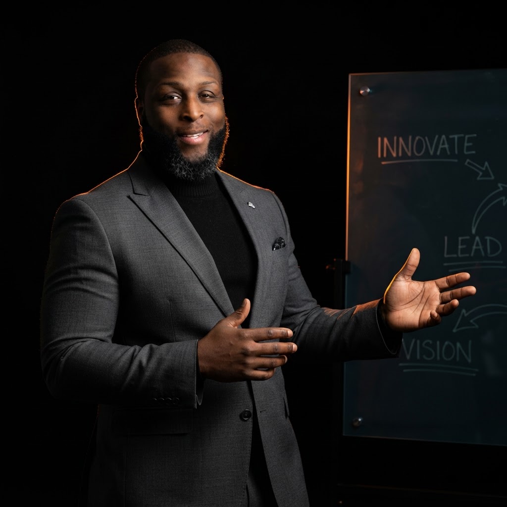 Dr. Bennie Duncan in a charcoal suit, presenting a discovery intensive