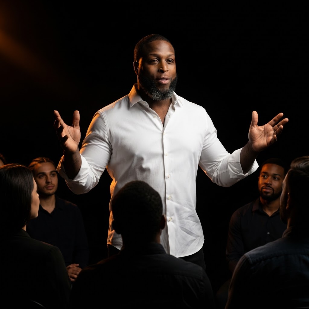 Dr. Bennie Duncan in a white shirt, addressing a coaching group