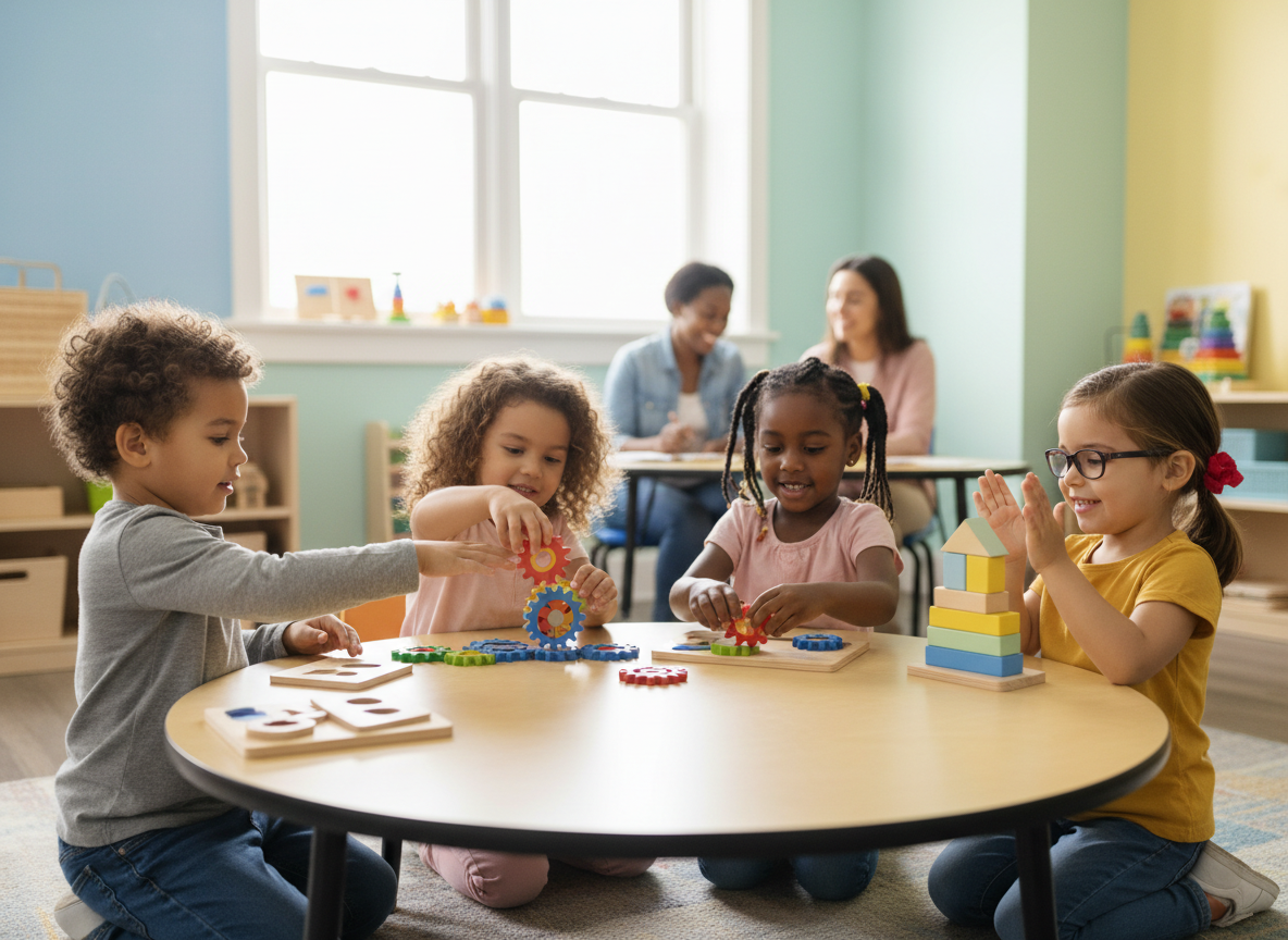 Children collaborating with educational toys in a classroom